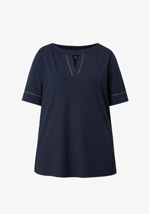 Navy blue short-sleeve blouse with v-notch neckline and decorative stitching on neckline and sleeve cuffs.
