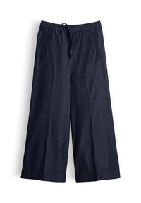 Navy wide-leg pants with elastic waistband and front drawstring, featuring side pockets and a mid-length cut.