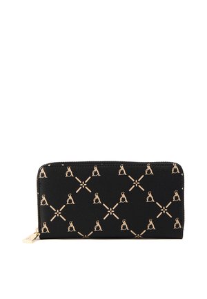 Portafoglio nero con zip che gira intorno, con motivi di logo intrecciati beige e cursore della zip oro sul lato sinistro.