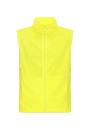 Neon-gelbes ärmelloses Weste aus leichtem Material, mit hohem Kragen und einem Reißverschluss auf der Vorderseite zum Schließen. Glatte Textur.