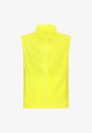 Chaleco sin mangas de color amarillo fluorescente, hecho de tejido ligero, con un alto cuello y un cierre de cremallera en el frente. Textura suave.
