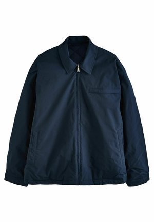 Navy blue zip-up jacket with a pointed collar, side pockets, and a single chest pocket. Made from a smooth, durable material.