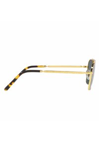 Occhiali da sole con montatura in metallo dorato e lenti grigie. Puntoni con accenti tartarugati, superfici piatte e design allungato con finitura lucida.