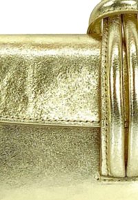 Gouden metallic handtas met een gladde textuur en gestikte details. Heeft een ronde handgreep en een gestructureerde rechthoekige vorm.