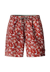 Shorts à taille élastique rouge avec motifs de girafes blanches et de plantes feuillues, dotés d'un cordon de serrage gris et blanc à l'avant.