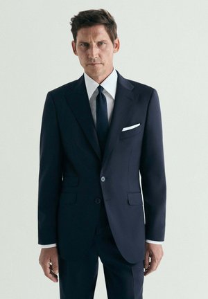 Hombre con traje azul marino oscuro, camisa blanca, corbata oscura y pañuelo blanco en el bolsillo, delante de un fondo liso y claro.