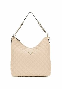 Borsa a tracolla in ecopelle beige trapuntata con forma curva, tracolla accentuata da una catena e logo triangolare sulla parte anteriore.