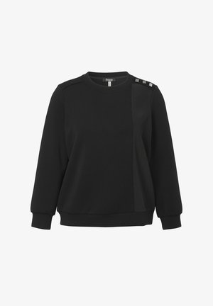 Black sweatshirt with long sleeves, ribbed cuffs, and textured panel on the front. Features three decorative buttons on the shoulder.