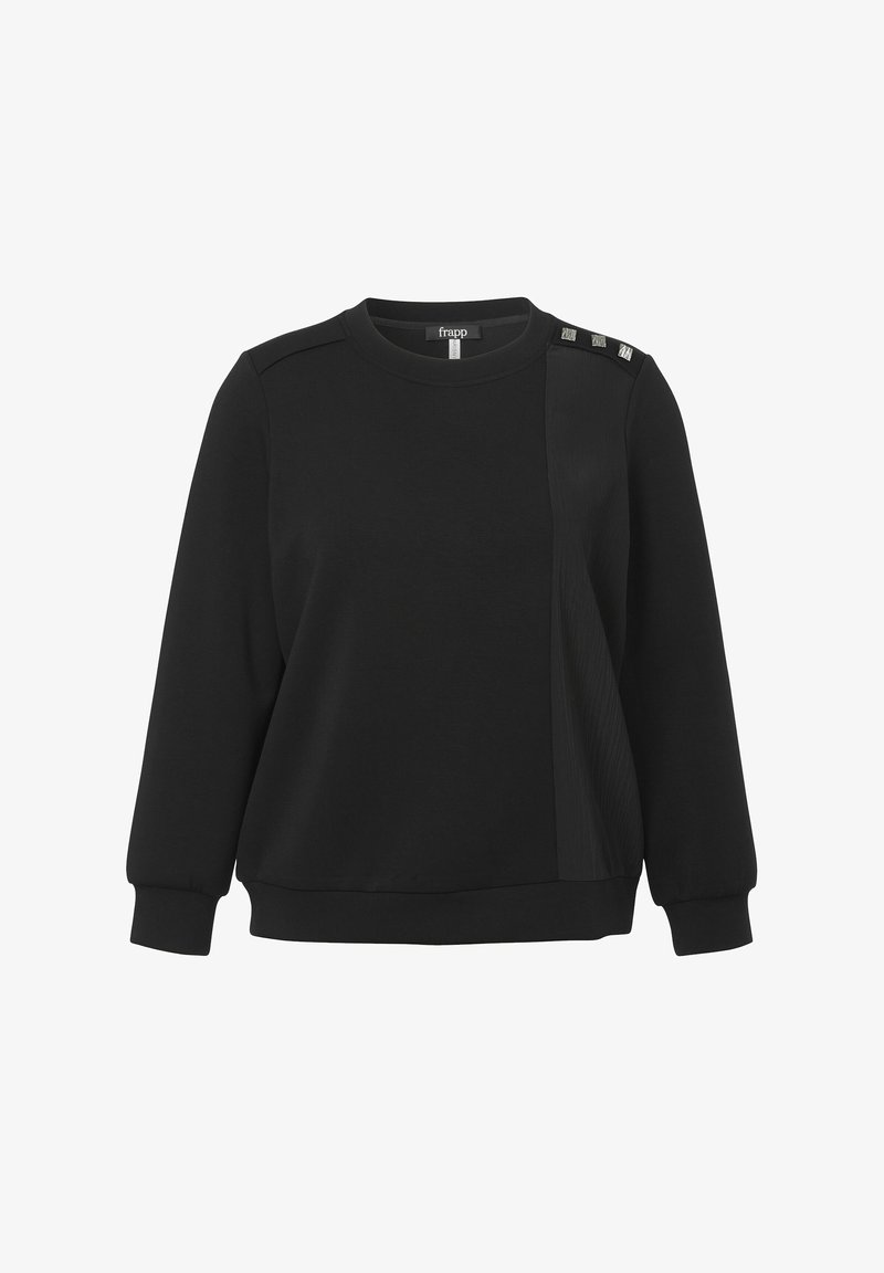 Sweatshirt noir à manches longues, avec des poignets côtelés et un panneau texturé à l'avant. Présente trois boutons décoratifs sur l'épaule.