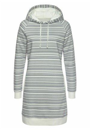 Longue robe blanche à capuche avec des rayures horizontales géométriques noires et des cordons de serrage, avec des poignets et un ourlet côtelés.