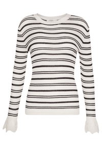 Schwarz-weiß gestreifter Pullover mit langen Ärmeln, der über eine gerippte Struktur und Spitzenakzente an den Ärmelabschlüssen verfügt. Rundhalsausschnitt.