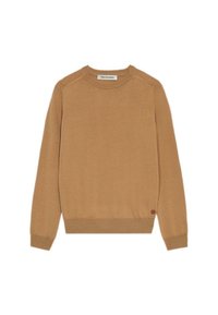 Maglione lavorato a maglia burro chiaro con scollatura a girocollo, maniche lunghe e polsini e orlo a coste. Presenta una piccola etichetta del marchio in basso.
