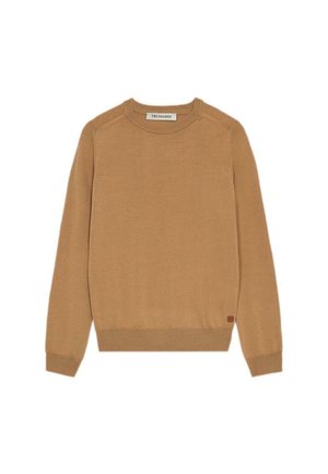 Maglione lavorato a maglia burro chiaro con scollatura a girocollo, maniche lunghe e polsini e orlo a coste. Presenta una piccola etichetta del marchio in basso.