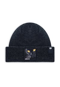 Bonnet en tricot gris foncé avec un revers. Présente un patch brodé en forme de tête de chat noir avec des yeux jaunes et des moustaches.