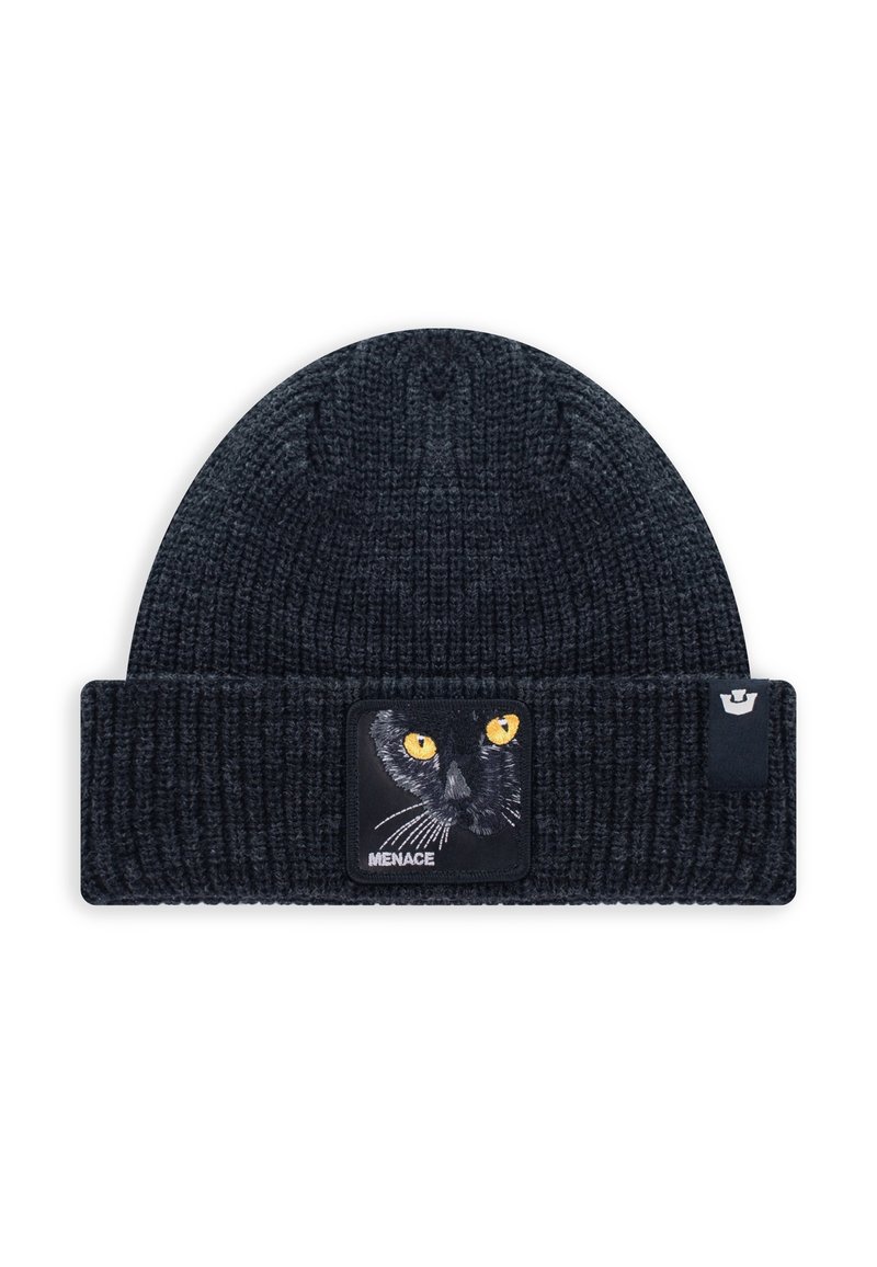 Bonnet en tricot gris foncé avec un revers. Présente un patch brodé en forme de tête de chat noir avec des yeux jaunes et des moustaches.