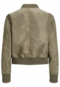 Veste bomber vert olive avec col, poignets et taille côtelés, vue de dos avec un tissu lisse et légèrement brillant.