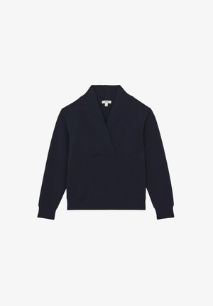 Marineblauer Pullover mit einem tiefen V-Ausschnitt, langen Ärmeln und gerippten Bündchen. Aus weichem Stoff gefertigt, mit einem lässigen Schnitt und minimalen Nähdetails.