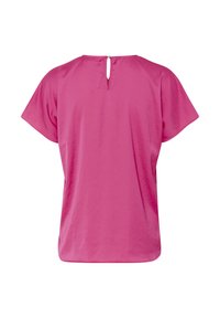 Maglietta rosa a maniche corte con una texture morbida, design casual e una piccola apertura a chiave sul retro. Finitura liscia, vestibilità rilassata e dettagli minimi.