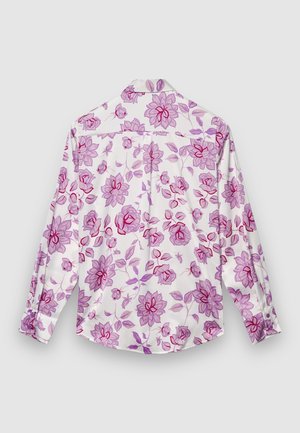 Camicia a maniche lunghe in tessuto bianco con motivo floreale rosa e viola, caratterizzata da un giogo sulla schiena, polsini con bottoni e un design a vestibilità rilassata.