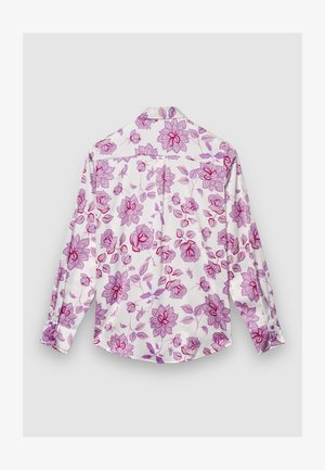 Langarmhemd aus weißem Stoff mit pinkem und lila Blumenmuster, ausgestattet mit einem Rückenkoller, Knopfmanschetten und einem lockeren Schnitt.