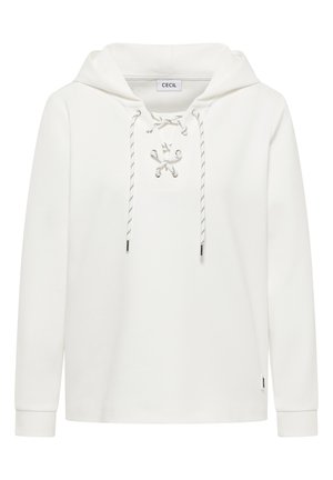 Sweat à capuche blanc en coton doux, avec un col lacé et des cordons contrastants, manches longues, conçu avec une coupe décontractée.