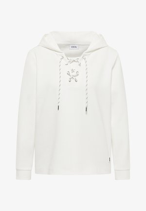 Weißer Hoodie aus weicher Baumwolle mit einem Schnürverschluss am Ausschnitt und kontrastierenden Kordeln sowie langen Ärmeln, entworfen mit einem lockeren Schnitt.