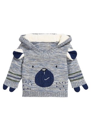 Szary i niebieski sweter dla malucha z dzianiny z motywem twarzy misia, kaptur podszyty białym polarem oraz detalami uszu i łap na rękawach.