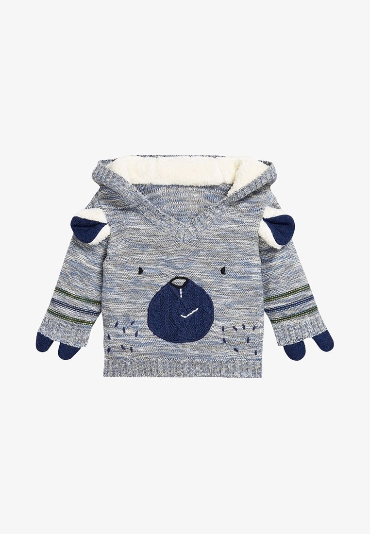 Pull tricot gris et bleu pour tout-petit avec un motif de visage d'ours, capuche doublée en polaire blanche, et détails d'oreilles et de pattes sur les manches.