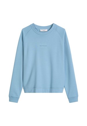 Jasnoniebieska bluza z długim rękawem i okrągłym dekoltem, z prążkowanymi mankietami, pasem i subtelnym, umieszczonym na środku logo tekstowym na piersi.