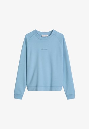 Jasnoniebieska bluza z długim rękawem i okrągłym dekoltem, z prążkowanymi mankietami, pasem i subtelnym, umieszczonym na środku logo tekstowym na piersi.