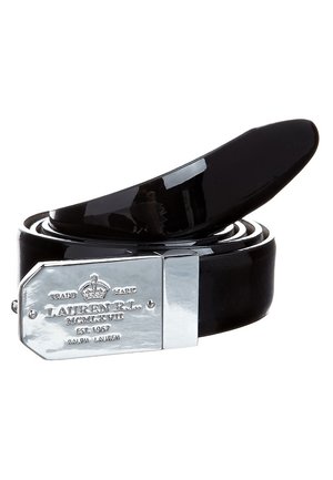 Ceinture en cuir noire avec une boucle rectangulaire argentée brillante gravée d'une couronne et du texte "Lauren RL MCMLXVII Est. 1967 Ralph Lauren."