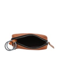 Tan leather zippered wallet with a smooth texture, featuring a black interior and silver hardware rings attached for easy carrying.