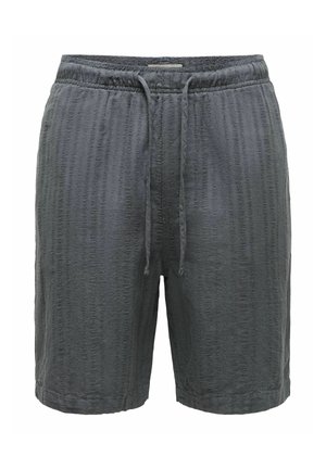 Shorts gris foncé texturés avec une taille élastique et un cordon de serrage, longueur au genou avec une coupe décontractée.
