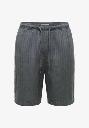 Dunkelgraue, strukturierte Shorts mit elastischem Bund und Kordelzug, knielang mit lockerer Passform.