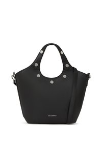 Fekete bőr bevásárlótáska jellegzetes kerek felső résszel, ezüst tüskés díszítéssel, dupla füllel és állítható vállpánttal.