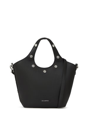 Black leather tote bag featuring a distinctive rounded top, silver stud accents, dual handles, and an adjustable shoulder strap.