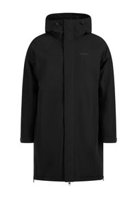 Sort vandtæt parka med hætte, lange ærmer, lynlås foran og justerbar snoretræk. Har et elegant design og funktionelle lommer.