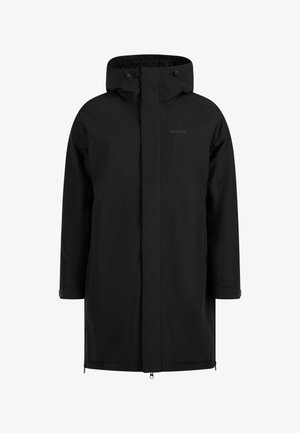 Černý nepromokavý parka s kapucí, dlouhými rukávy, předním zipem a nastavitelným stahováním v pase. Disponuje elegantním designem a funkčními kapsami.