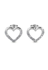 Orecchini a forma di cuore in argento con un centro a traforo e una fila di gemme trasparenti lungo il bordo esterno.