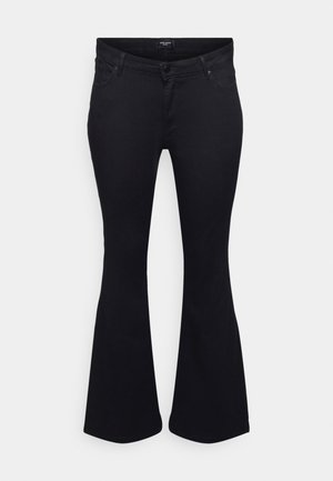 Black high-waist pants with front button, zipper, belt loops, front and back pockets, and flared wide legs.