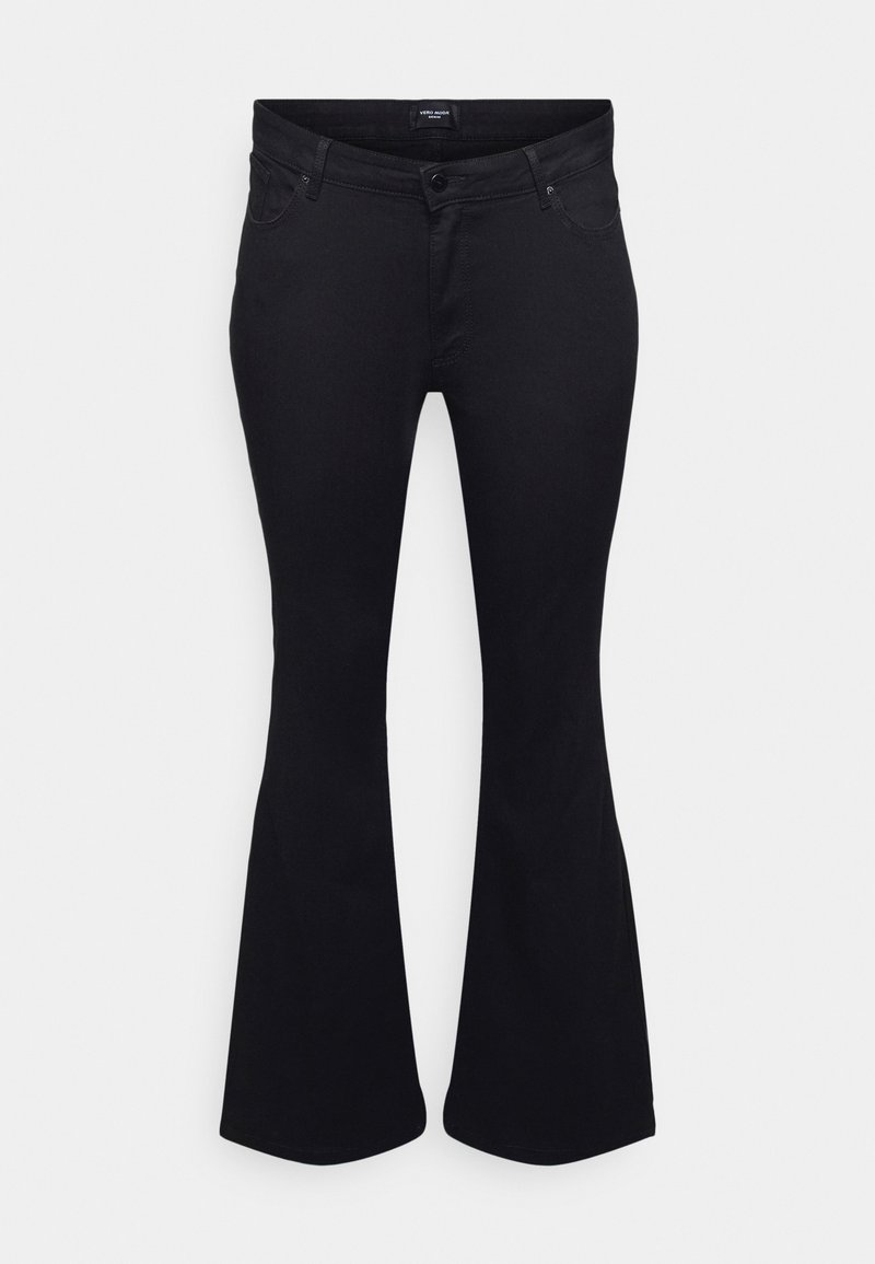 Pantalon noir taille haute avec bouton à l'avant, fermeture éclair, passants de ceinture, poches avant et arrière, et jambes larges évasées.