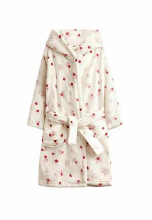 Weißer Fleece-Bademantel mit Kapuze, roten und rosa kleinen Blumenmotiven, Vordertaschen und einem gebundenen Gürtel in der Taille.