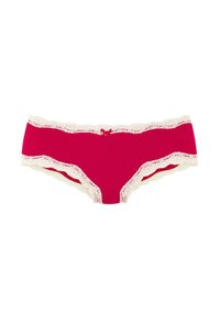 Punaiset pitsireunaiset alushousut, joissa on sileä kangas, etuosassa herkkä rusetti ja vyötäröllä aaltoilevat reunat.