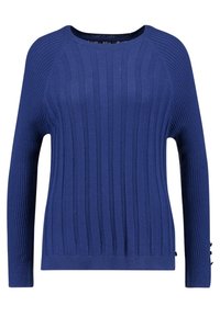 Granatowy dzianinowy sweter z poziomym prążkowaniem, okrągłym dekoltem i długimi rękawami z ozdobnymi guzikami na mankietach.