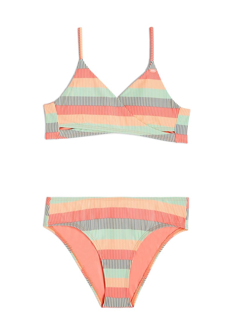 Paski bikini w zestawie, składające się z trójkątnego biustonosza na cienkich ramiączkach oraz pasujących majtek. Kolory to koralowy, miętowy i szary.
