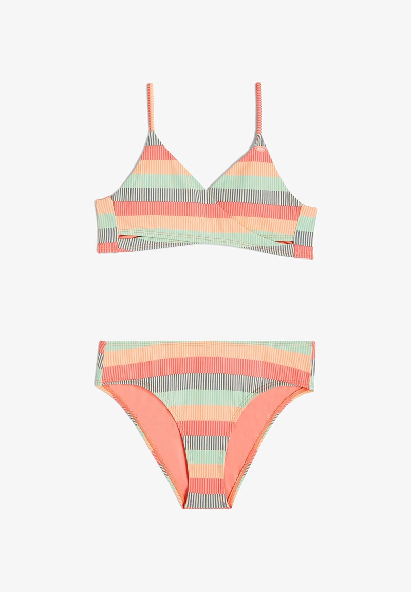 Paski bikini w zestawie, składające się z trójkątnego biustonosza na cienkich ramiączkach oraz pasujących majtek. Kolory to koralowy, miętowy i szary.