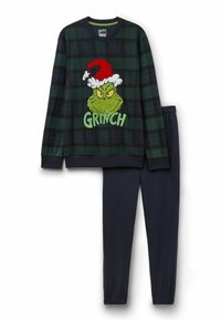 Zeleno-černá kostkovaná pyžama se vyšívaným designem Grinche s vánoční čepicí. Obsahuje dlouhý rukáv a námořnické elastické kalhoty.