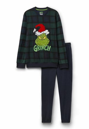 Zeleno-černá kostkovaná pyžama se vyšívaným designem Grinche s vánoční čepicí. Obsahuje dlouhý rukáv a námořnické elastické kalhoty.