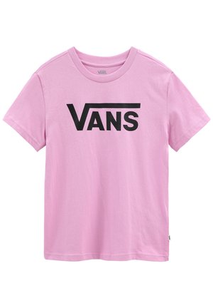 T-shirt rose clair à manches courtes avec un col rond et un grand logo noir Vans centré sur le devant.