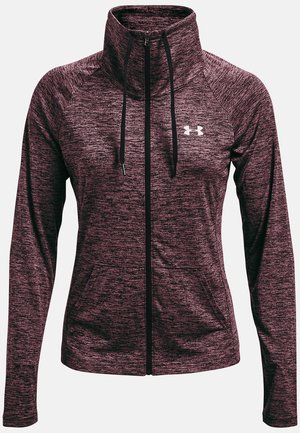 Bordeaux ritsjack met hoge kraag, gemaakt van gestructureerde stof. Voorzien van zijzakken en een geborduurd logo op de borst.